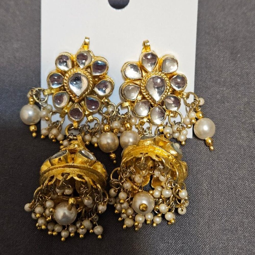 Riana Gold Tone Jhumka Dangle Earrings Faux Pearl Rhinestone Boho Statement/D-2